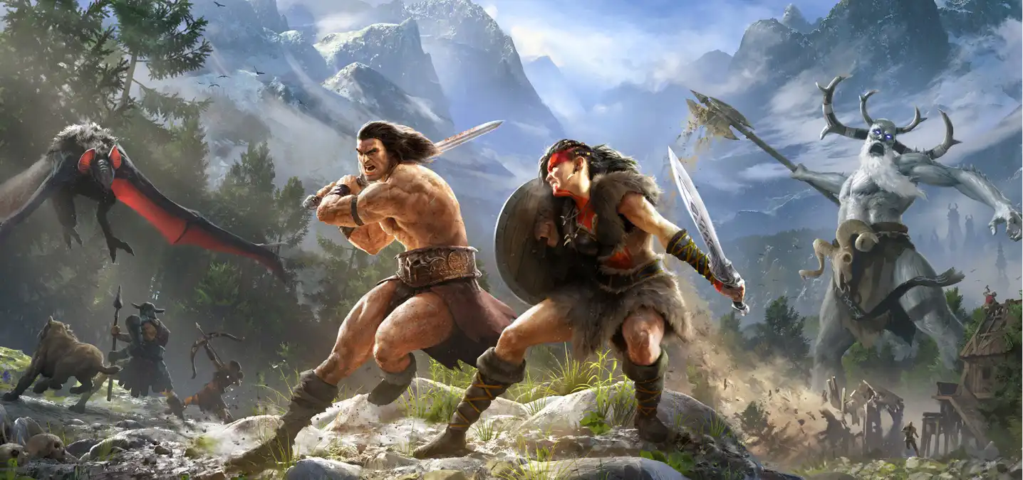 Two Conan players fighting monsters