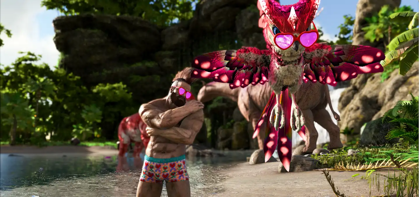 Player and dinosaur wearing pink sunglasses